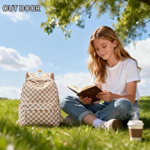 Image of LOIDOU Backpack for Girls School Backpacks Bookbags for Elementary Middle School Women Laptop Backpacks (Brown white checker, L-17)