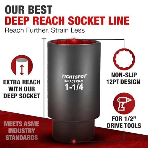 Image of TIGHTSPOT 1 /2 Inch Drive - 1 1 /4 Inch Deep Impact Socket with Anti-Rounding 12 Point Design, Heat-Treated CRV Steel