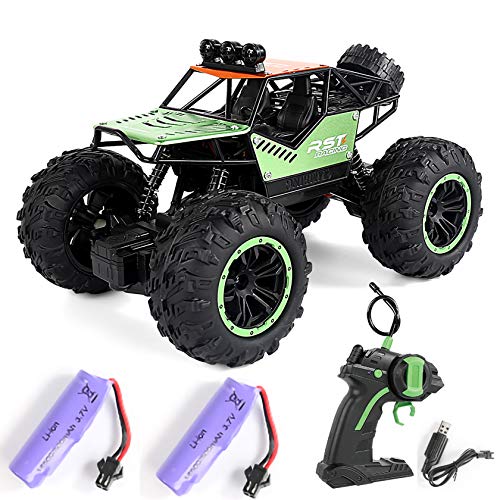 RC Cars, 2.4Ghz 1:18 Remote Control Monster Truck, Alloy Shell LED Headlights Off Road Remote Control Cars with Two Rechargeable Batteries, Kidâ€™s First Hobby RC Cars for Boys Girls Toddlers. (Green)