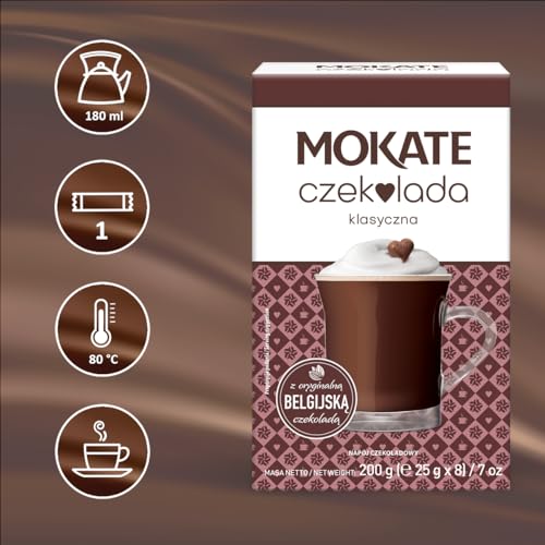 MOKATE - Trinkschokolade Klassisch - 8 Sachets - Mit Belgischer Schokolade - Hot Chocolate Classic - Heiße Schokolade, Einfache Zubereitung, Milch oder Wasser Hinzufügen, für die Ganze Familie - 200g