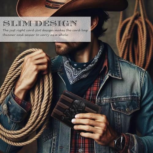 Men's Gift American Flag Skull Wallet for Men Bifold Genuine Leather Punisher Money Clip RFID Blocking Slim 6 Card Slots (Brown American Flag Skull Wallet)4