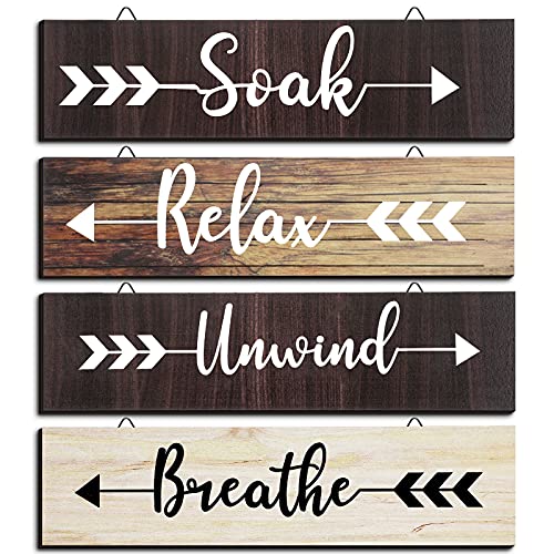 4 Pieces Farmhouse Bathroom Wall Decor Soak Relax Unwind Breathe Wooden Signs Rustic Wooden Plaque with Arrow Signs Hanging Vintage Bathroom Wall Decor for Home Laundry Room Bathroom Retro Color