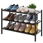 BMOSU 3-Tier Bamboo Shoe Rack Premium Stackable Shoe Shelf Storage Organizer for Hallway Closet Living Room Entryway Organizer(Black)