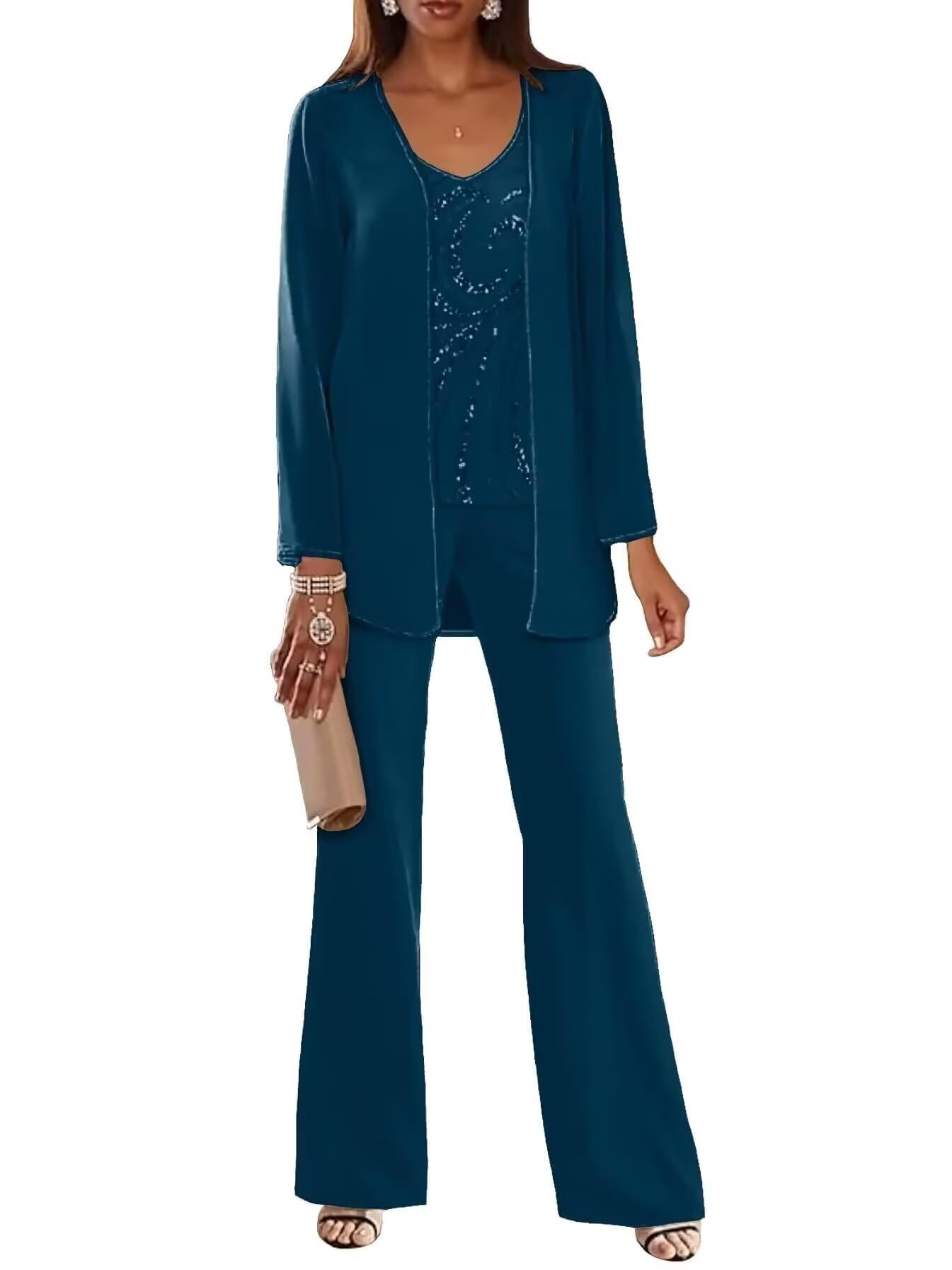 3 Piece Mother of The Bride Pant Suits for Wedding Womens Jumpsuits Chiffon Formal Outfit