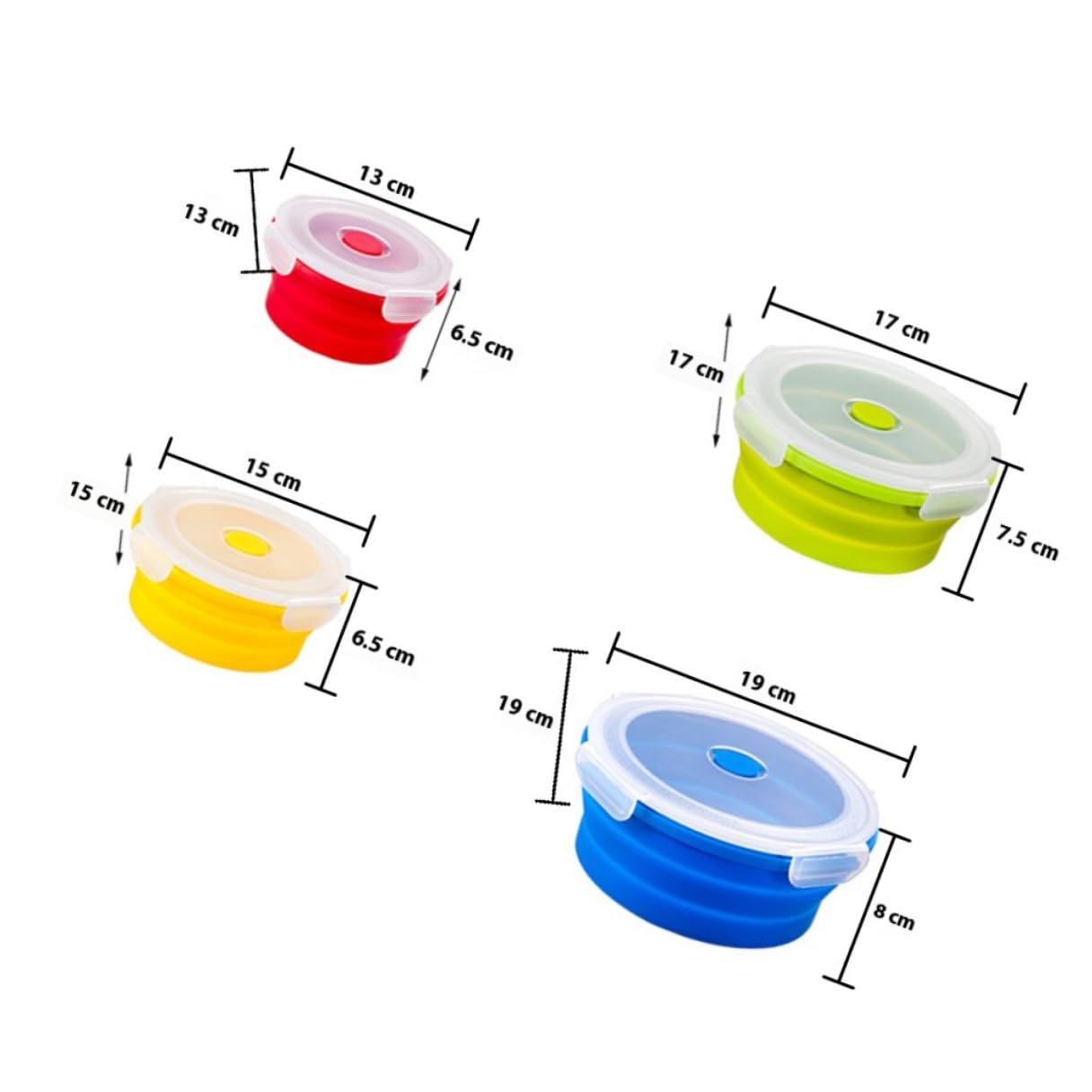 Contenitori in Silicone per Alimenti Rotondi Pieghevoli, 4 Pezzi | Capacità 400ml 600ml 900ml e 1200ml, Adatti a Microonde, per Sandwich e Conservazione Cibo, Uso Famiglia e Studenti