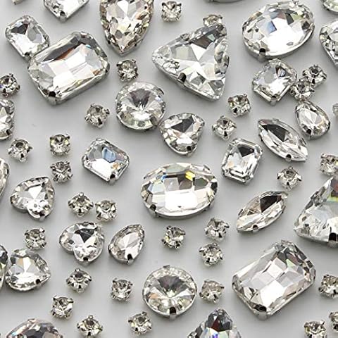 TANOSII Sew on Rhinestones 100 PCS Mixed Shapes Glass Rhinestones Sew on Crystal Gems Mental Flatback with Silver Claw for Jewelry Crafts Clothes Shoes Costume Garment White Cover