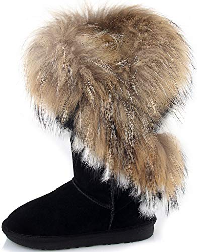 APHNUS Womens Mid Calf Boots Cow Leather Fur Snow Boots