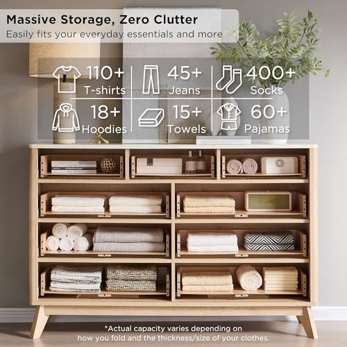 Image of T4TREAM 54 inch Wide Fluted 9 Drawer Dresser for Bedroom, Natural Oak | Mid Century Modern, Faux Marble Top, Curved Profile, Metal Handles, Anti-tip Kit, Smooth Slides, for Living Room, Hallway