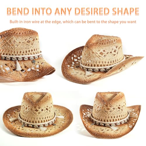 Image of Men's Cowboy Hats Summer Women Beach Cowgirl Hat Raffia Unisex Western Sun Hat
