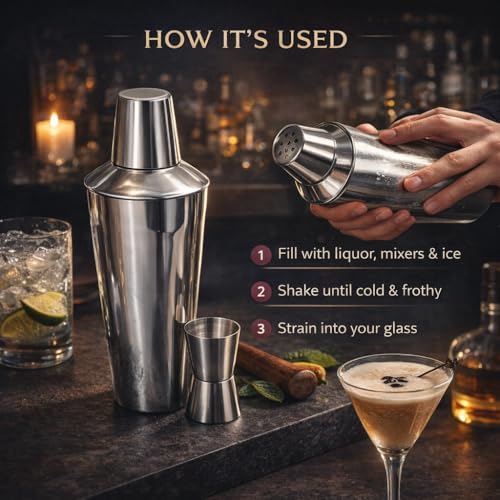 Chabrias Ltd 3-Piece Stainless Steel Cocktail Shaker 795ml (28oz) with Built-in Strainer – Cobbler Martini Mixer for Home Bar – Dishwasher Safe, Leak-Resistant Lid, Silver - Image 4
