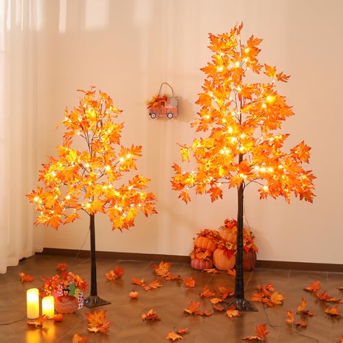 Lighted Maple Leaf Tree, 2 Pack Prelit Orange Artificial Fall Trees (5FT and 6FT) for Indoor Outdoor...