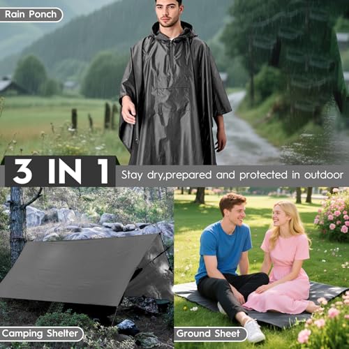 Bruvoalon 3-in-1 Rain Poncho with 1/4 Zip & Chest Pocket, Waterproof, Sunshade, Ground Mat for Adults & Youth Emergency2