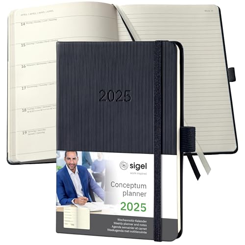 Agenda semainier 2025 A6 noir SIGEL pour organiser vos réunions et vos déplacements