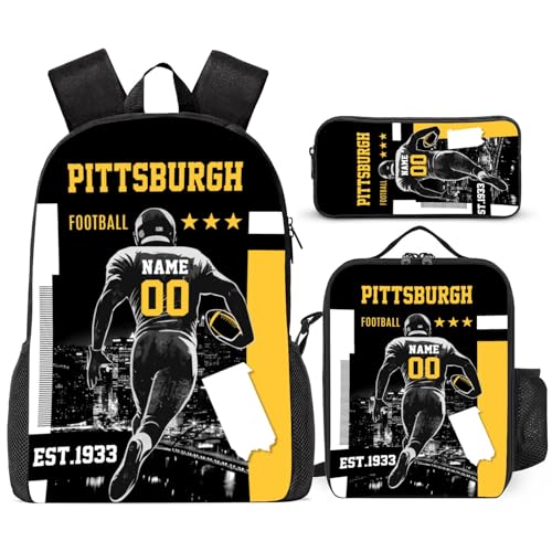 Pittsburgh Backpack for Boys Girls School Bookbag Lunch Box Pencil Bag 3 in 1 Set Custom Sports Backpacks Add Name Number Travel Bag Gifts For Fans 17in