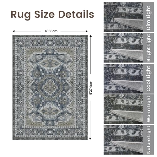 Rugland 6x9 Rug - Stain Resistant Washable Rug, Anti Slip Backing Rugs for Living Room, Vintage Tribal Area Rugs (TPR07-Navy, 6'x9')