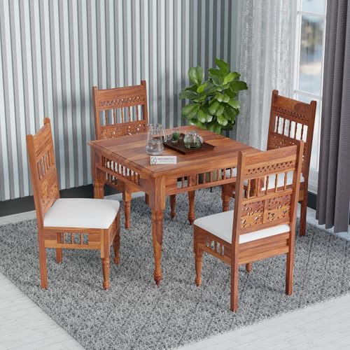 Image of Jangid Handicraft Dining Table 4 Seater | Solid Sheesham Wood Four Seater Dining Table Set with 4 Cushioned Chairs | Rectangular Dinner Table for Home, Kitchen & Living Room | Honey Finish