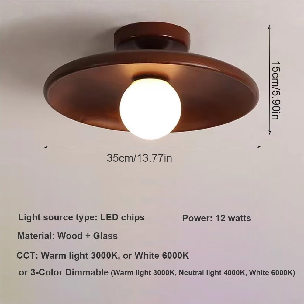 Okrągła Drewniana Lampy Sufitowa Minimalistyczna, Plafon z Oświetlenie Sufitowe Szklane do Przedpokoju lub Kuchni(Walnut(3 modes),35cm/13.77in)