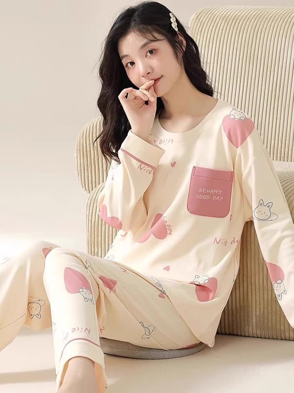 Image of Celary Women's Korean Night Suit Set | Round Neck Full Sleeve Top & Printed Ankle Length Pyjama | Skin-Friendly Fabric Soft Breathable Stretchable Loungewear | M to 2XL