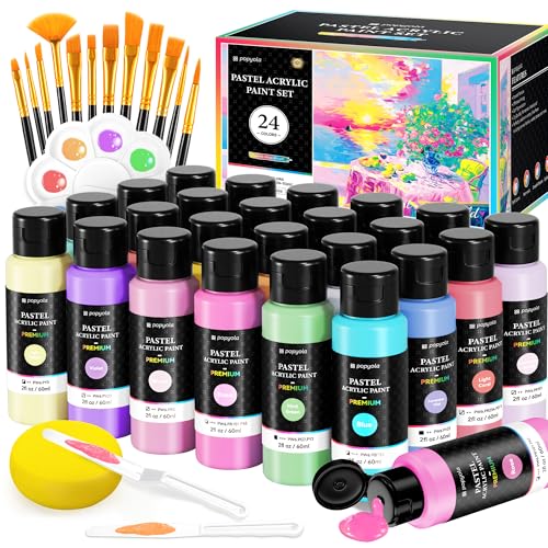 40 PCS Pastel Acrylic Paint Set with 12 Brushes 2 Knives & Palette 24 Colors (2oz/60ml) Art Craft Paint for Adults Artists Beginners Canvas Ceramic Rocks Wood Painting Kit Art Supplies