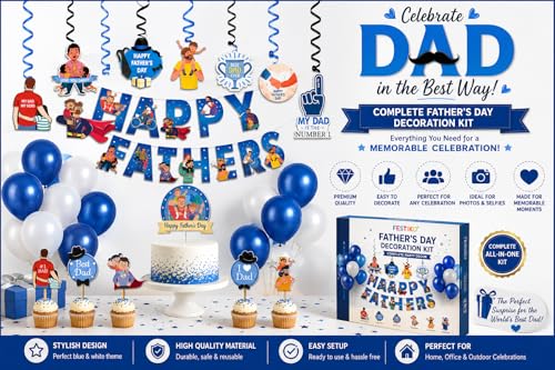 Image of Festiko Father's Day Decoration Kit for Celebration Party, Super Dad Banner with Balloons, Cake Topper & Photo Booth Props for Fathers Day Surprise Decoration Supplies for Home Party