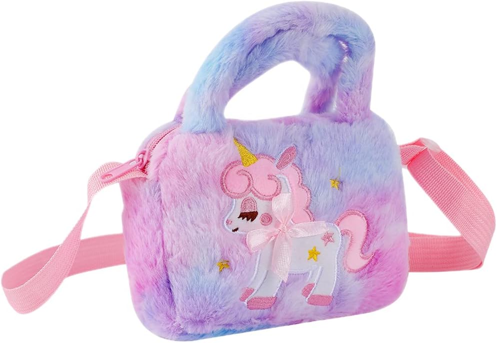 LOGOFUN Plush Unicorn Tote Bag Plush Crossbody Handbags Rainbow Fluffy Fuzzy Unicorn Purse Bag for Kids Gift (Purple)