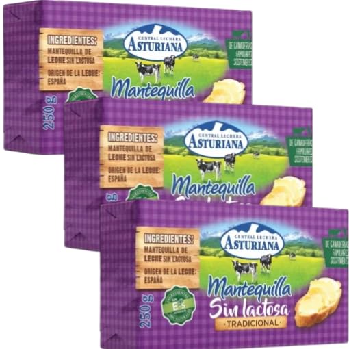 Pack 3 Mantequilla Central Lechera Asturiana 250g | Tradicional y Sin Lactosa | Formato Pastilla | Envío Refrigerado | Sabor Natural y Textura Cremosa