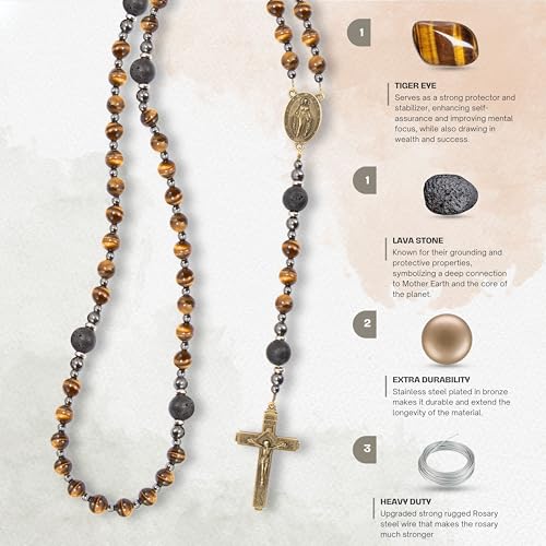 Nazareth Store Rosary Beads for Men, Catholic Rosary Necklace, Tiger Eye Beads Strong Rosary Cross Necklace in Portable Gift Box2