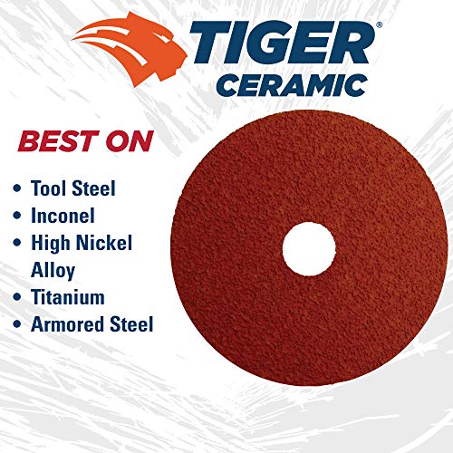 Image of Weiler 69852 Tiger Ceramic Alumina Resin Fiber Sanding & Grinding Disc, 4-1 /2 inch Diameter, 50 Grit, 7 /8 inch Arbor Hole (Pack of 25)