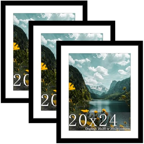 Picrit 20x24 Picture Frame 3 Pack, Black Poster Frame, Display Poster 16 x 20 with Mat or 20 x 24 without Mat for Horizontal or Vertical Wall Mounting