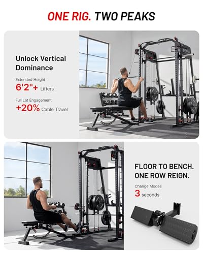Image of Mikolo M4 2.0 Standard Smith Machine, Multi-Functions Squat Rack with LAT-Pull Down System & Cable Crossover Machine, Training Equipment with Leg Hold-Down Attachment, Red
