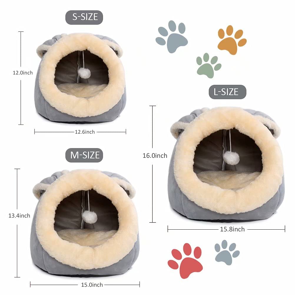 Beds for Indoor Cats - with Anti-Slip Bottom, Rabbit-Shaped Cat/Small Dog Cave with Hanging Toy, Puppy Bed with Removable Cotton Pad, Super Soft Calming Pet Sofa Bed (Grey Small)