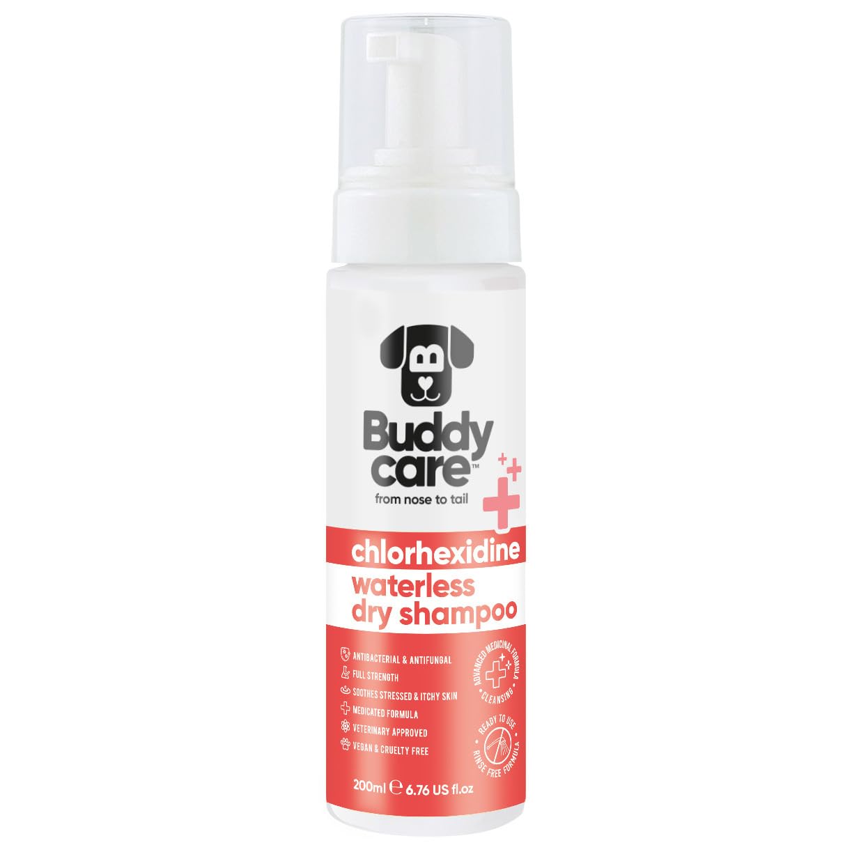 Buddycare Pet Antiseptic Chlorhexidine Medicated Waterless Dry Shampoo for Dogs & Cats - 200ml - 4% Chlorhexidine Antibacterial & Antifungal Formula - Soothes Itchy & Irritated Skin