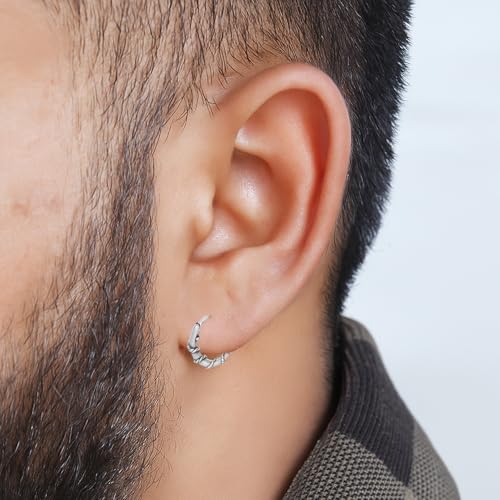 Image of VAMA FASHIONS Oxidised Silver Hoop Earrings in Tribal Bali Design Lightweight Ethnic Look Ear Accessories for Men