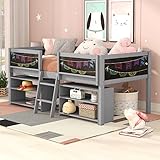 Low Loft Beds with 2 Movable Shelves Twin Loft Bed Frame with Chalkboard Modern Farmhouse Junior Bed for Kids Boys Girls, Gray