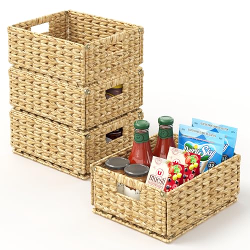 Pantry Wicker Storage Baskets for Shelves, 4 Pack Small Woven Baskets for Storage, Handmade Pantry Organizers and Storage, Boho Decor Water Hyacinth Pantry Organization – Natural