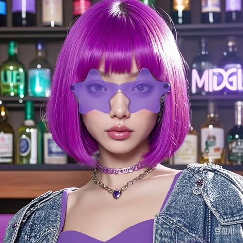 Image of ANOGOL Dark Purple Bob Wig with Bangs Purple Wigs for Women Colored Wigs | Hair Cap+Sunglasses Short Neon Wig for Bachelorette Party Funny Outfit for Women Halloween Costume Night Club Crazy Hair Day