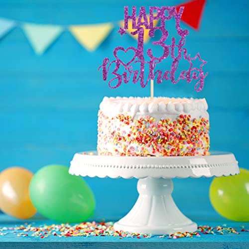 INNORU Purple Glitter Happy 13th Birthday Cake Topper for Cheers to 13 Years - Children's Birthday Party Cake Decorations