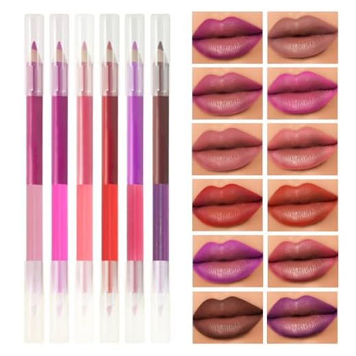 JUAAZIN Conjunto de lápis delineador labial de duas cores de ponta dupla com 6 peças - Lápis de batom fosco de 12 cores, sem transferência, à prova de manchas e à prova d'água, lápis de lábios afiável