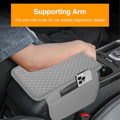 Image of Lyrovo PU Leather Car Armrest Cushion Pad With Side Pockets, Universal Fit for All Car (Grey)