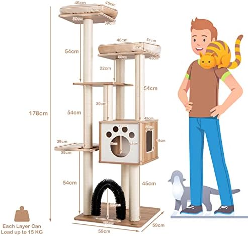 COSTWAY Cat Tree, 178cm Multi-Level Cats Climbing Tower with Massage Arch, Soft Perches, Condo and Scratch Posts, Indoor Kitten Activity Furniture Play House
