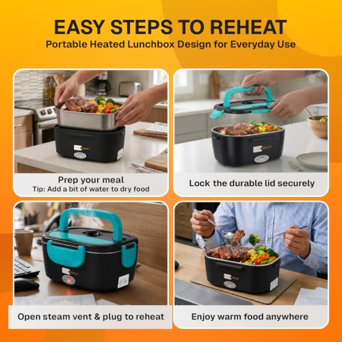 FORABEST Heated Lunch Box - 80W Electric Lunch Box - Portable Food Warmer with 1.5L Stainless Steel Container, Carry Bag & Leakproof Lid - 12V/24V Car/Truck & 110/220V Home/Office - Neon Blue by FORABEST - Image 4