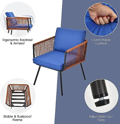 Image of BRISHI Garden Patio Seating Chair and Table Set Outdoor Balcony Garden Coffee Table Set Furniture with 1 Table and 2 Chairs Set with Cushion Braid & Rope (Brown /Blue)