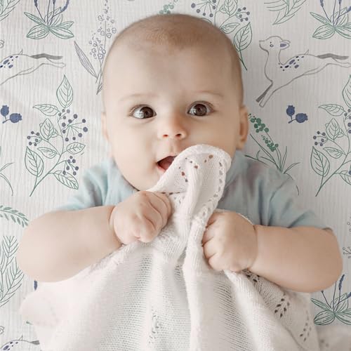Image of Muslin Bassinet Fitted Sheets 2 Pack, Soft Breathable Cotton Baby Bassinet Mattress Sheet Set, 360 Elastic Snug Fit, Universal for Oval, Rectangle (Blue Deer, Bassinet Sheets 2 Pack)