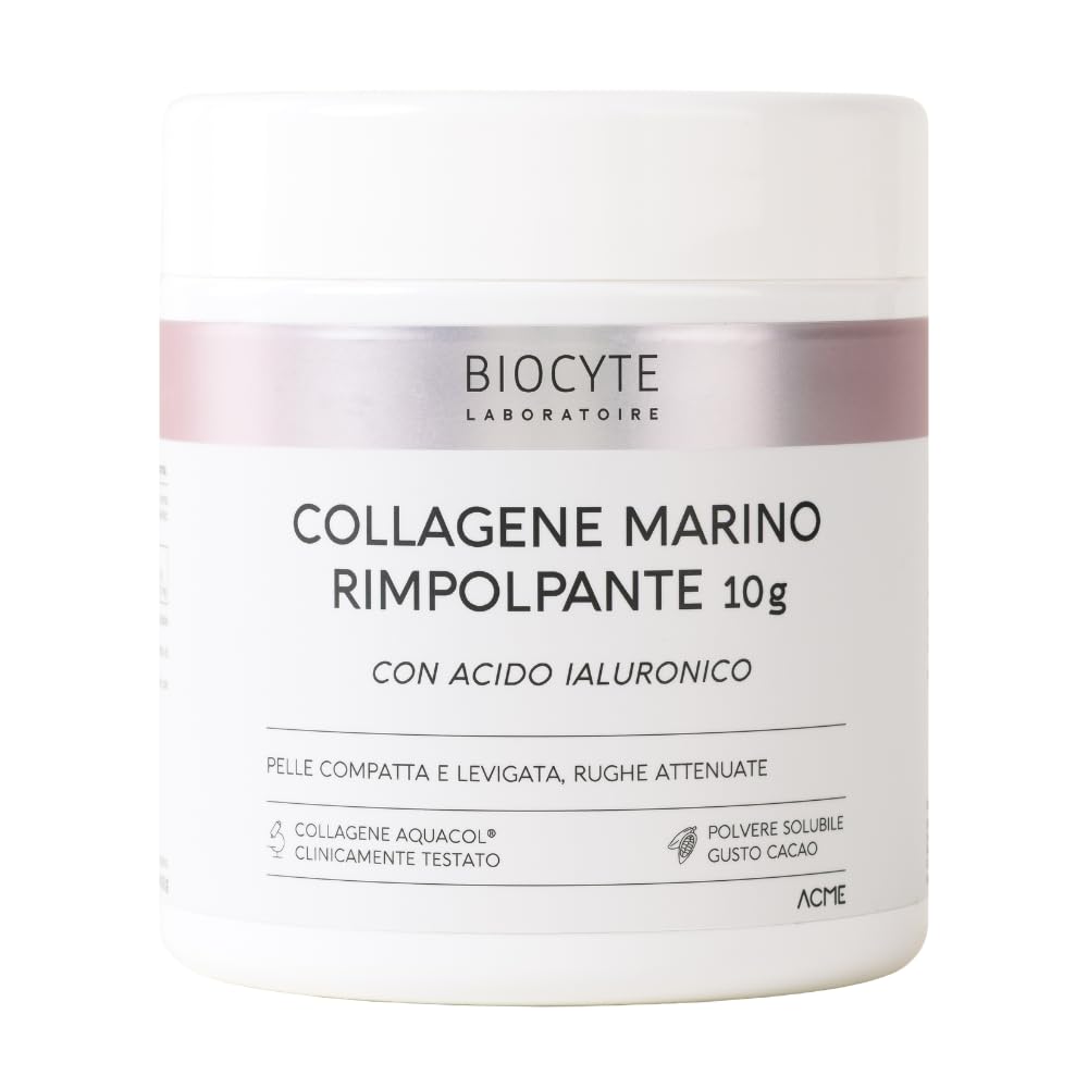 Biocyte Collagene Marino Rimpolpante 10000 mg in Polvere Cacao 20 Giorni | Idratante e Antirughe, Collagene Idrolizzato con Acido Ialuronico, Peptidi di Tipo I, Senza Zuccheri Aggiunti, Gusto Cacao