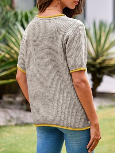 Image of Saodimallsu Womens Puff Short Sleeve Sweater Tops Spring Summer Color Block Ribbed Knit Crew Neck Going Out Shirts