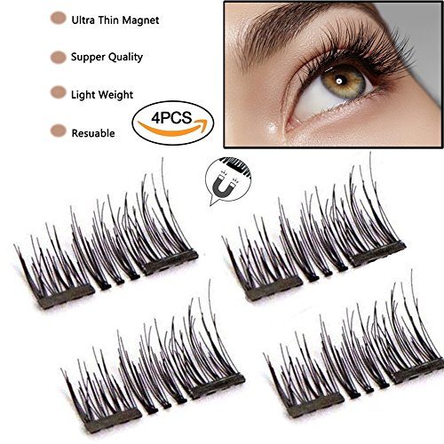 ABCDOK 3D False Magnetic Eyelashes, Mess-Free Reusable Lashes Beautiful Natural Enhanced Eyes, Volumized Lashes (1 Pair, 4 Pcs) (1 set) Ultra thin Fiber for Natural Look,Best Fake Lashes