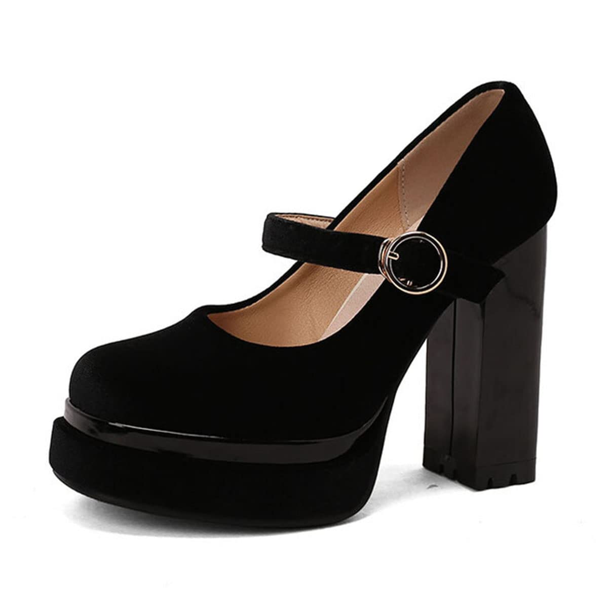 CoceMoce Elegant Velvet Pumps for Women Platform Chunky High Heel Mary Janes Closed Square Toe Buckled Ankle Strap Dress Shoes Formal Sexy Party Night