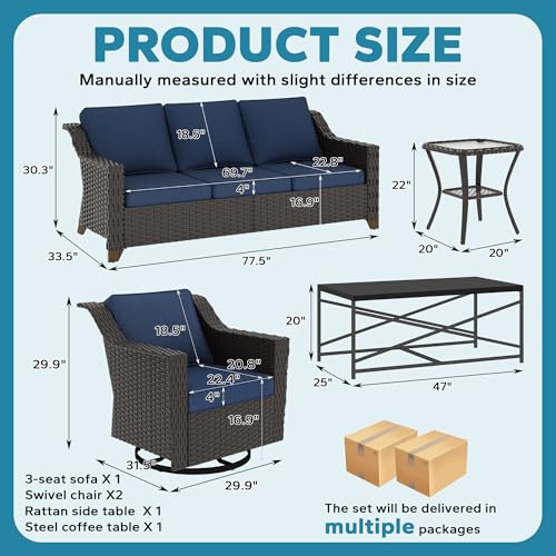 Image of 5 Piece Patio Furniture Set, Wicker Outdoor Conversation Set | Patio Chair Set with Olefin Removable Cushion, All-Weather Outdoor Couch with Deep Seat for Porch, Deck and Backyard, Blue