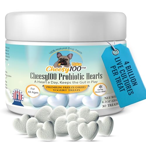 Cheesy100 – Crunchy Probiotic Dog Treats with 4 Billion Cultures – Freeze-Dried Yogurt Hearts for Gut Health