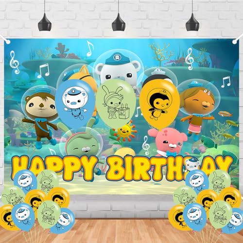 Octo Birthday Decorations Octon Backdrops for Cartoon Party Decorations Supplies Happy Birthday Banner Backdrop for Party Supplies (5x3ft)